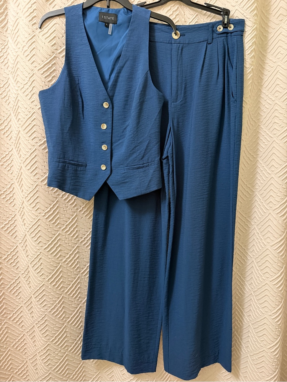 STATE Blue Textured Vest and Wide-Leg Pants Set